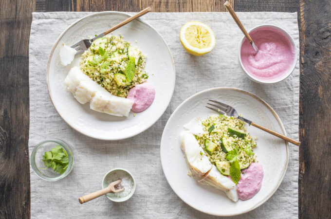 Lieu jaune, boulgour aux courgettes et sauce rose légère au Thermomix