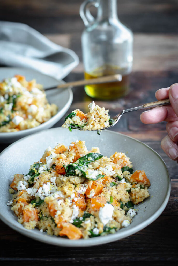 Boulgour à la patate douce, épinards feta et citron au Thermomix portrait