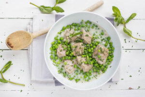 Blanquette au lait de coco, menthe et petits pois au Thermomix