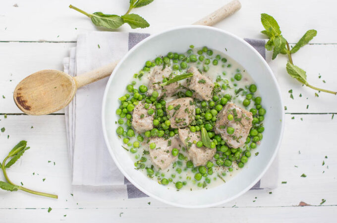 Blanquette au lait de coco, menthe et petits pois au Thermomix