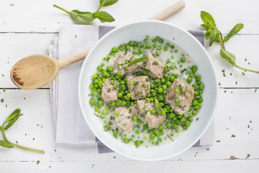 Blanquette au lait de coco, menthe et petits pois au Thermomix