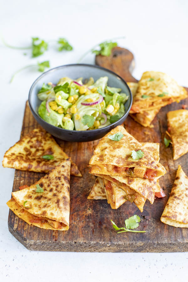 Quesadillas au poulet, salade verte au maïs au Thermomix