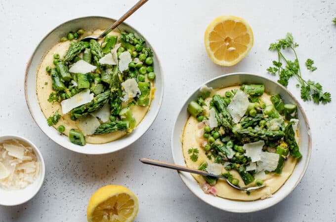 Polenta crémeuse, asperges, petits pois au Thermomix