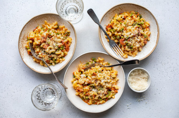 Coquillettes aux petits pois et chorizo façon risotto au Thermomix