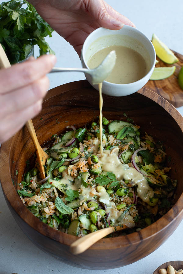 Sauce sur salade de riz croustillant au Thermomix