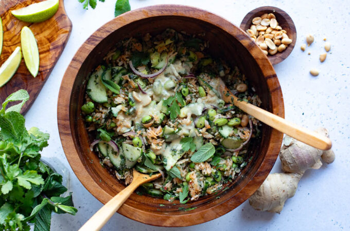 Salade de riz croustillant concombre edamame au Thermomix