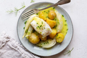 Cabillaud, pommes de terre et fenouil, sauce citron confit au Thermomix