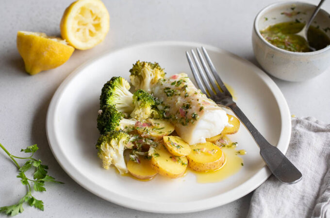 Poisson, brocoli, pommes de terre et sauce herbes citron au Thermomix